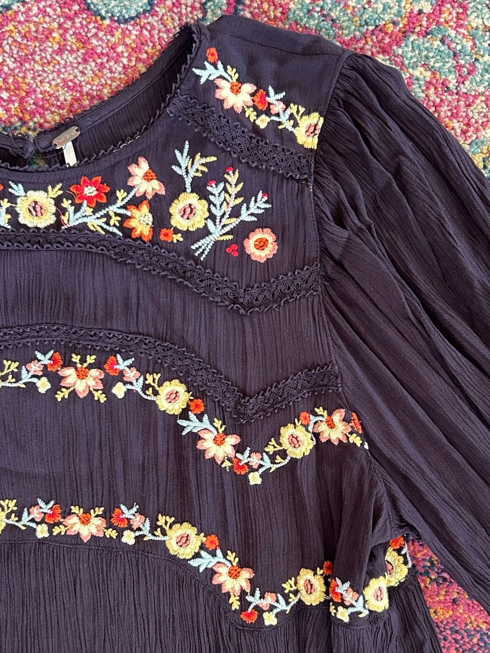 Free People | Women’s Black Floral Embroidered Long Sleeve Boho Pasadena Dress M - Picture 10 of 16